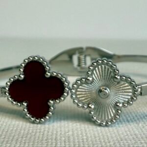 Silver & Red Clover Bangle