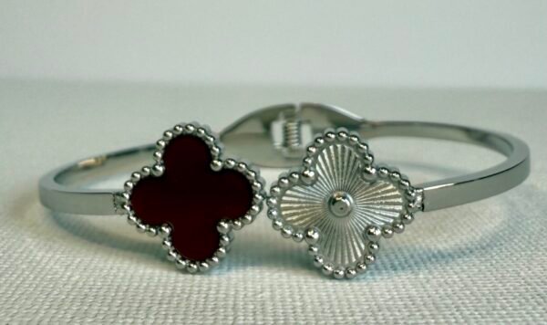 Silver & Red Clover Bangle
