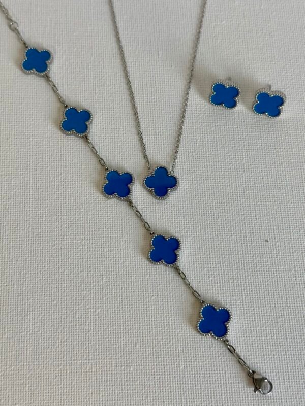 Silver & Blue Clover Necklace Set