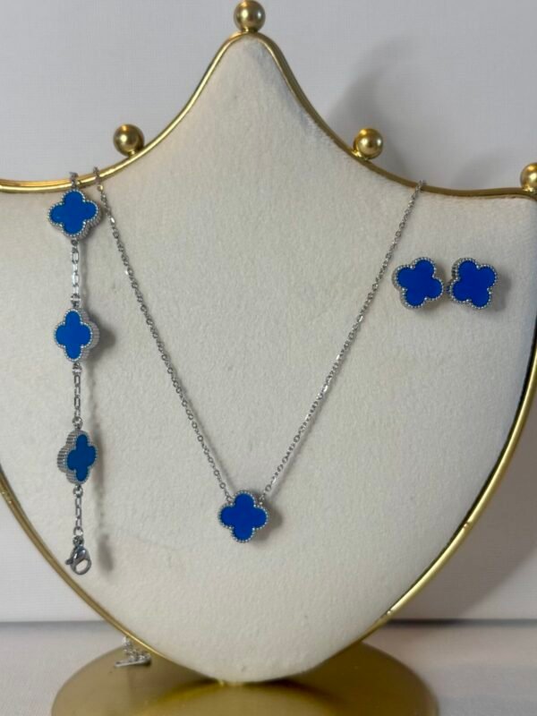 Silver & Blue Clover Necklace Set
