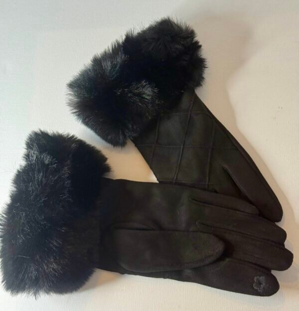 Black Faux Fur Trim Gloves - Image 2