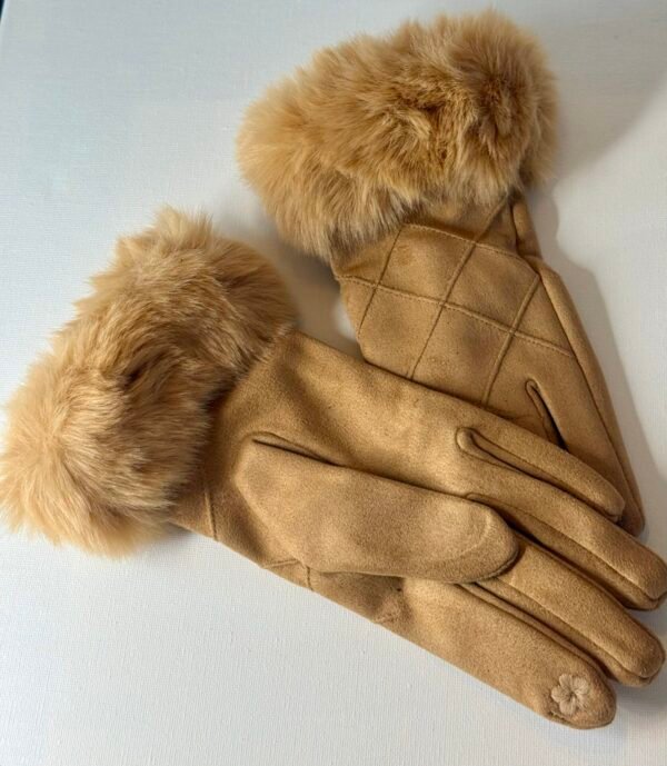 Tan Faux Fur Trim Gloves - Image 2