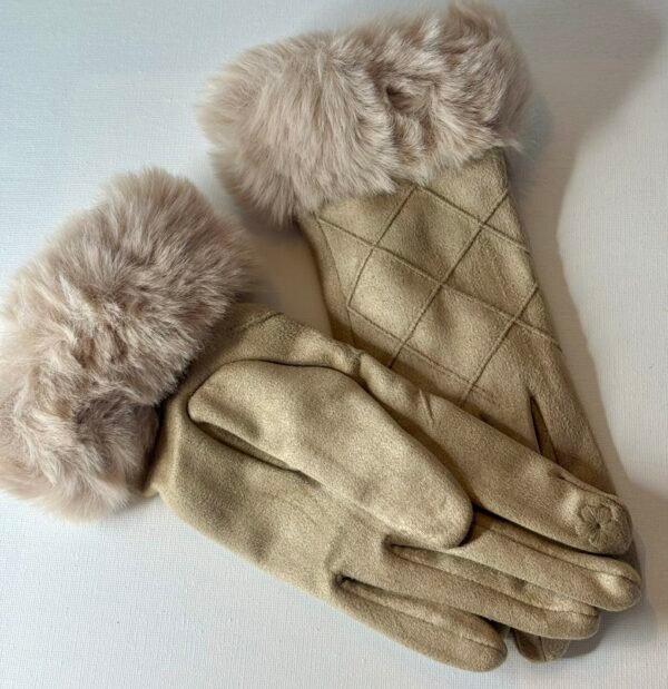 Beige Faux Fur Trim Gloves - Image 2